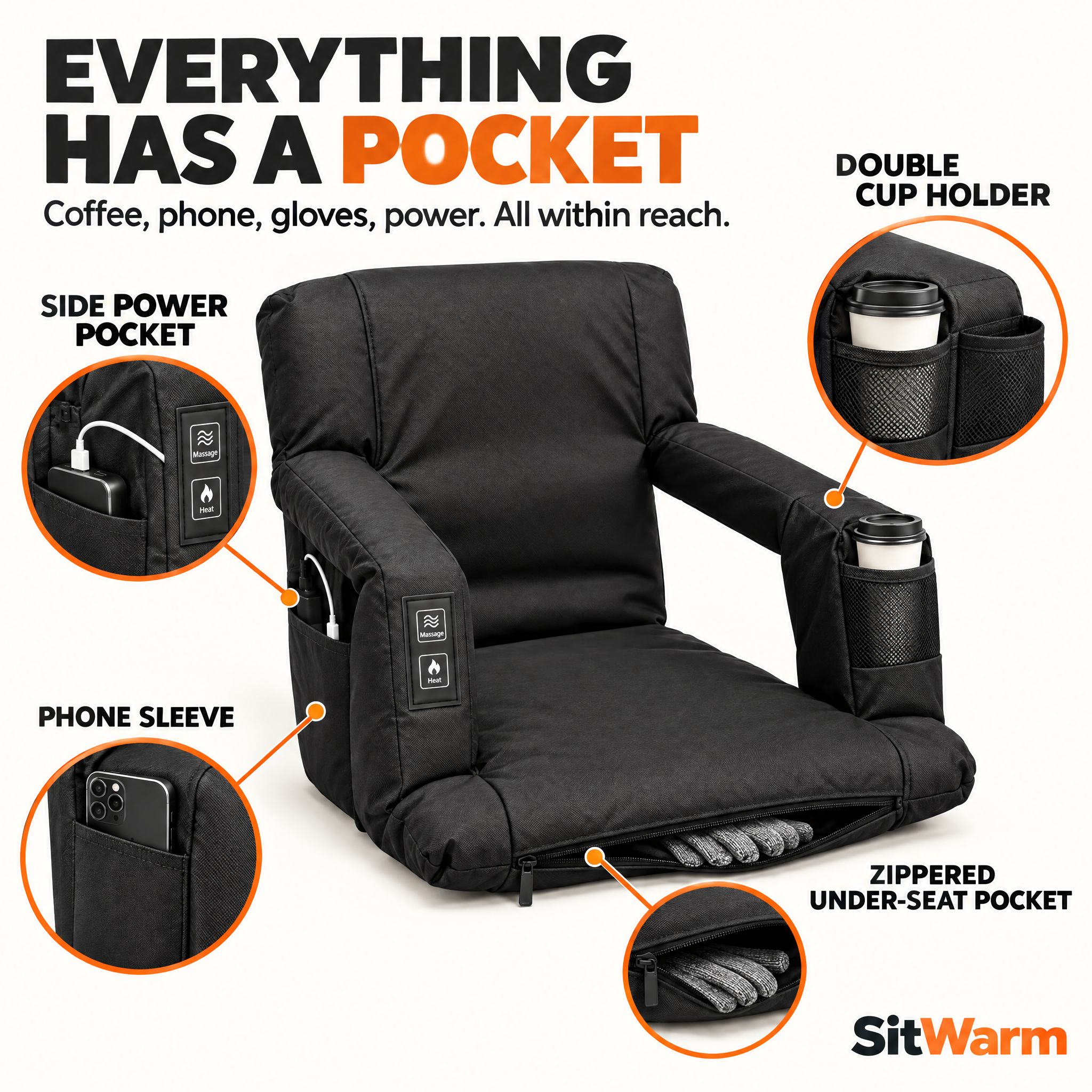 Pockets, cup holder and power pocket