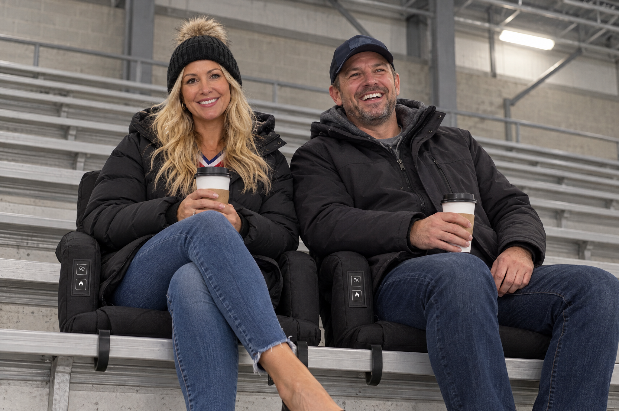 Two SitWarm seats side by side on bleachers